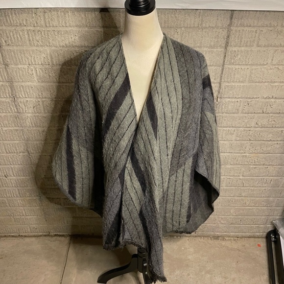 Talula Sweaters - Talula Grey Black Striped Fringes Open Front Sweater Poncho One Size